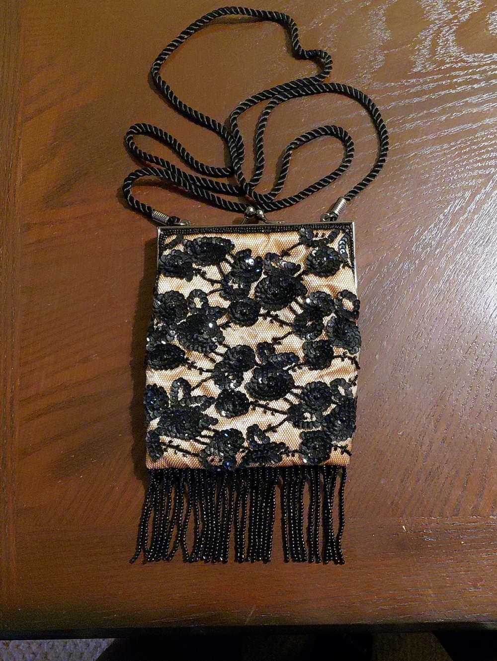 Vintage Beaded Floral Fringe Evening Bag - Gold and Black